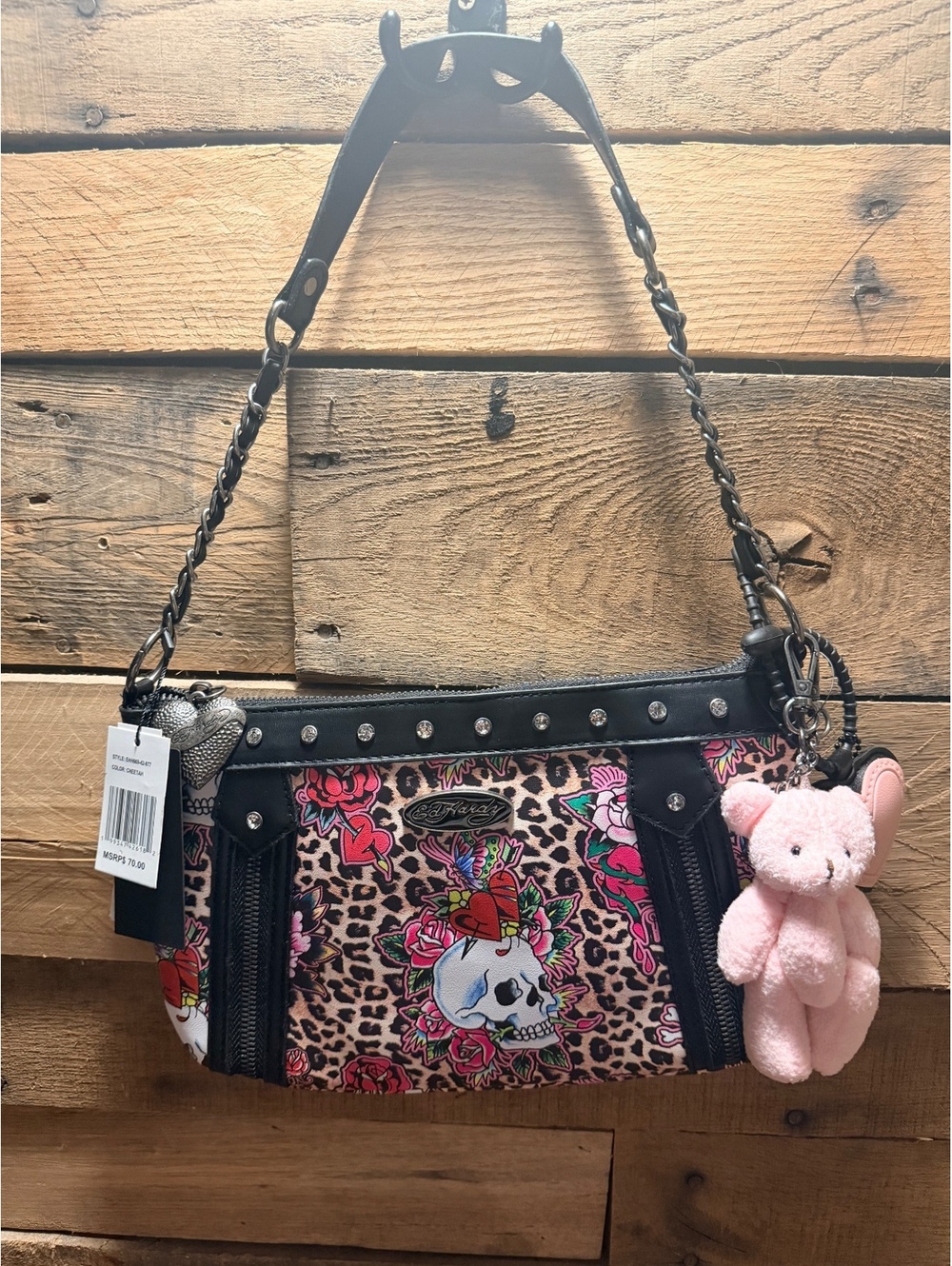 Ed Hardy Cheetah Skull Rose Shoulder Bag Purse Teddy Charm NWT